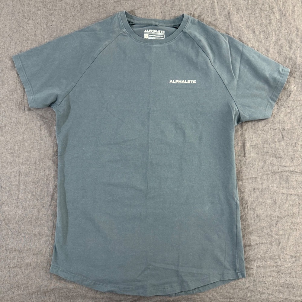 Alphalete Performance Fit Shirt Large Blue Gray Short Sleeve Curved Hem Tee